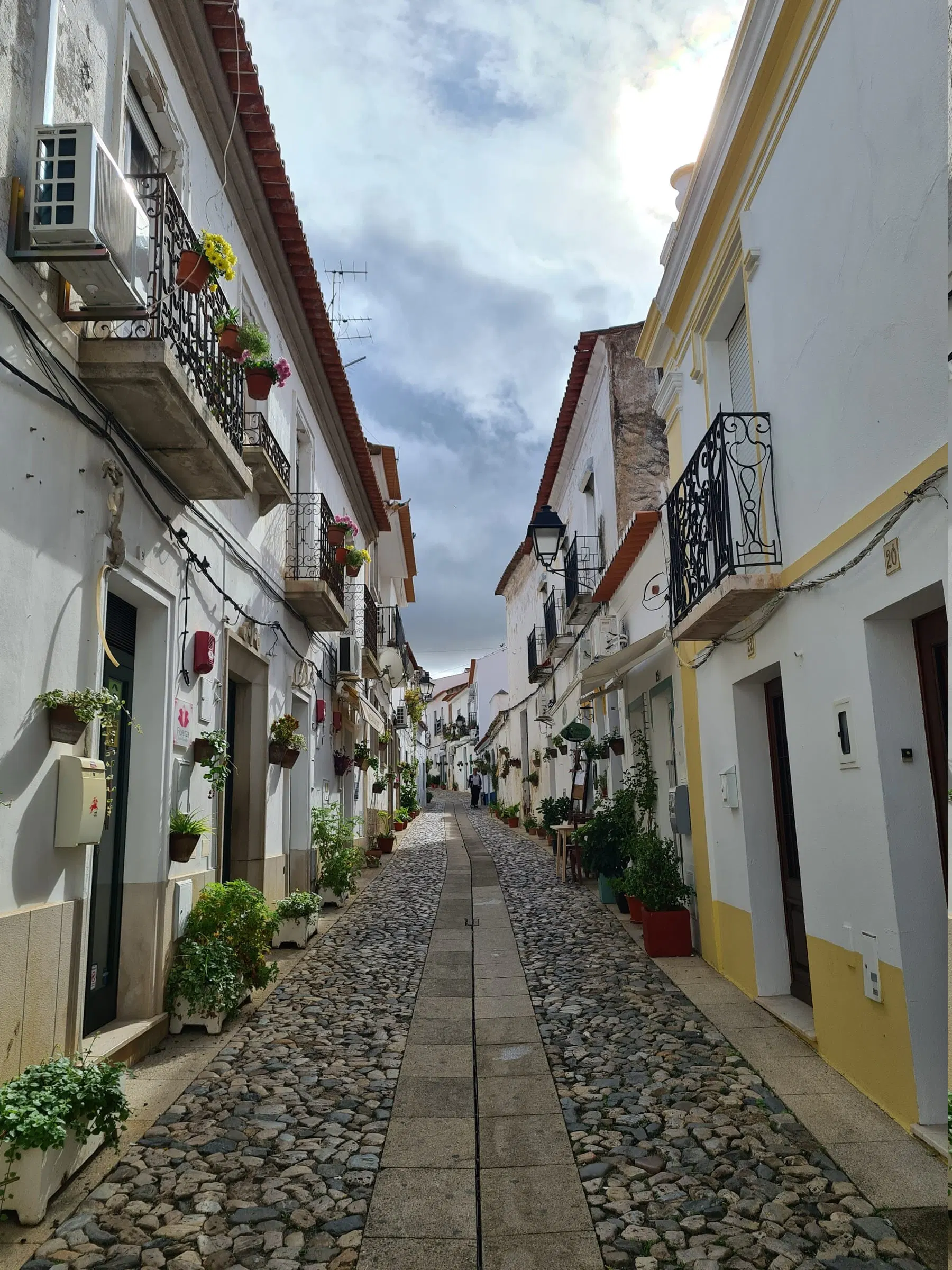 Calle encalada en la Mouraria de Moura, con zócalo ocre y macetas en las puertas.