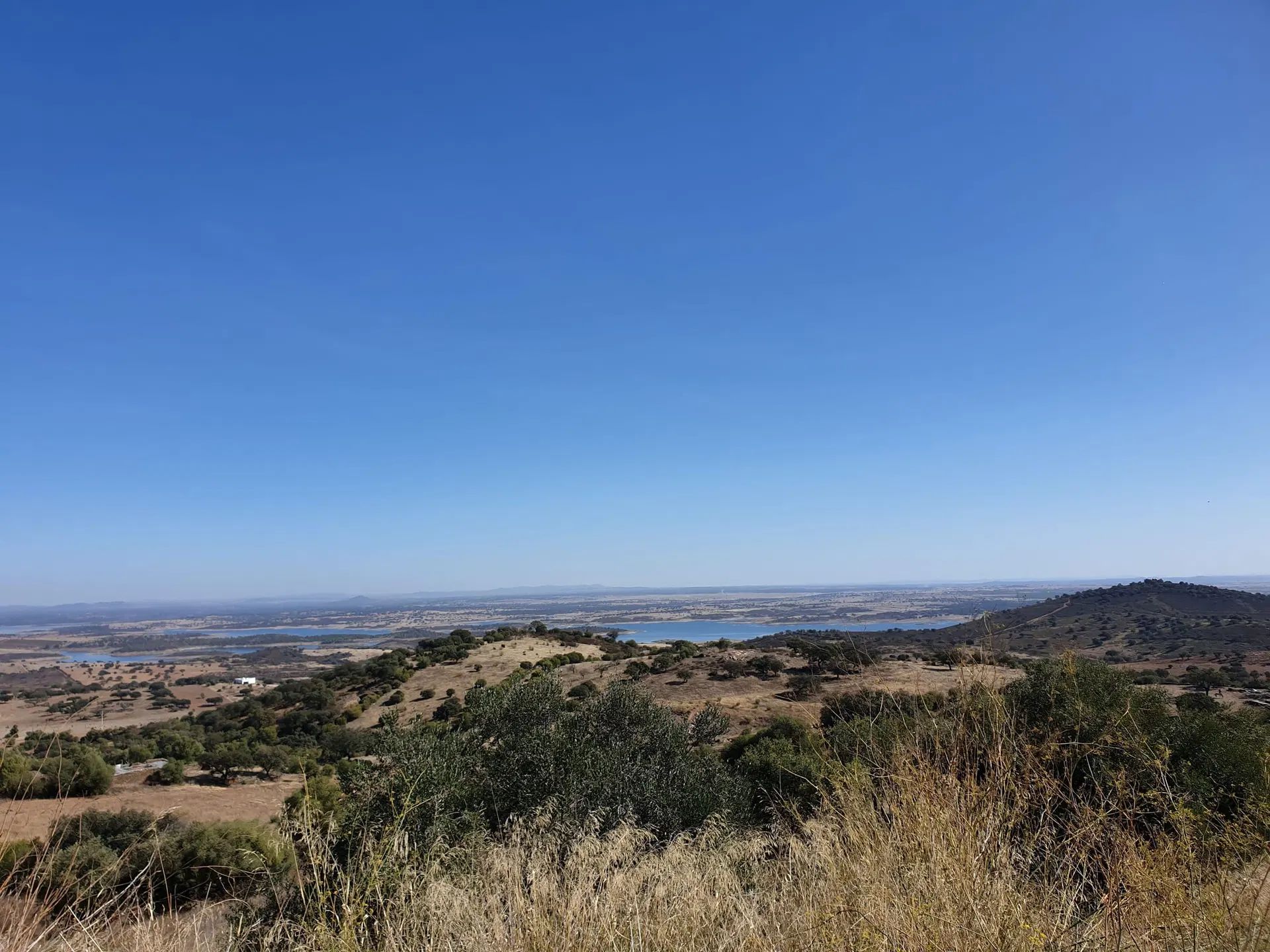 A planície alentejana a perder de vista, com serras baixas no horizonte.