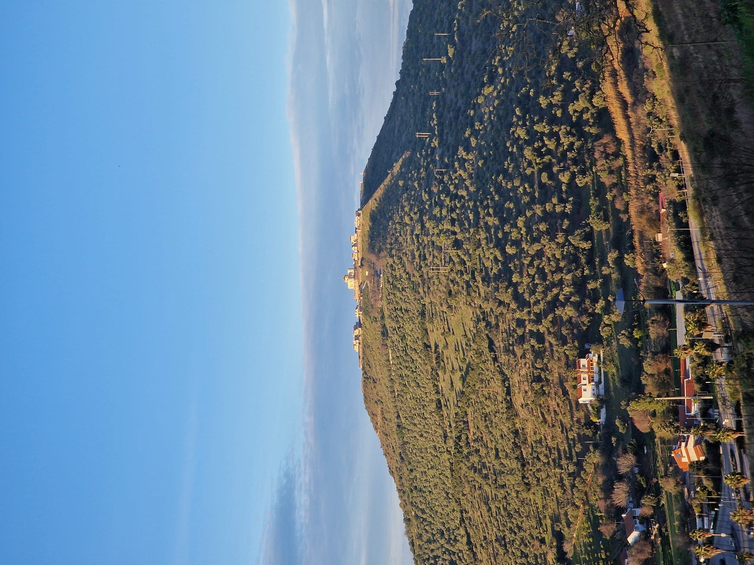 Vista aérea de Elvas, com a colina fortificada a destacar-se sobre a planície coberta de mato.