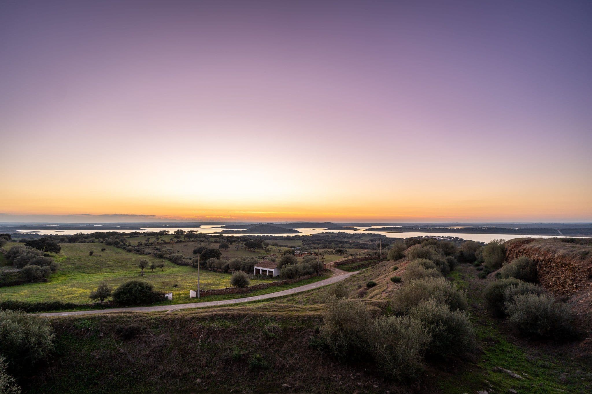 Lake Alqueva at dusk, its arms of water reaching between cork oak pastures, with a dirt track running down towards the reservoir.