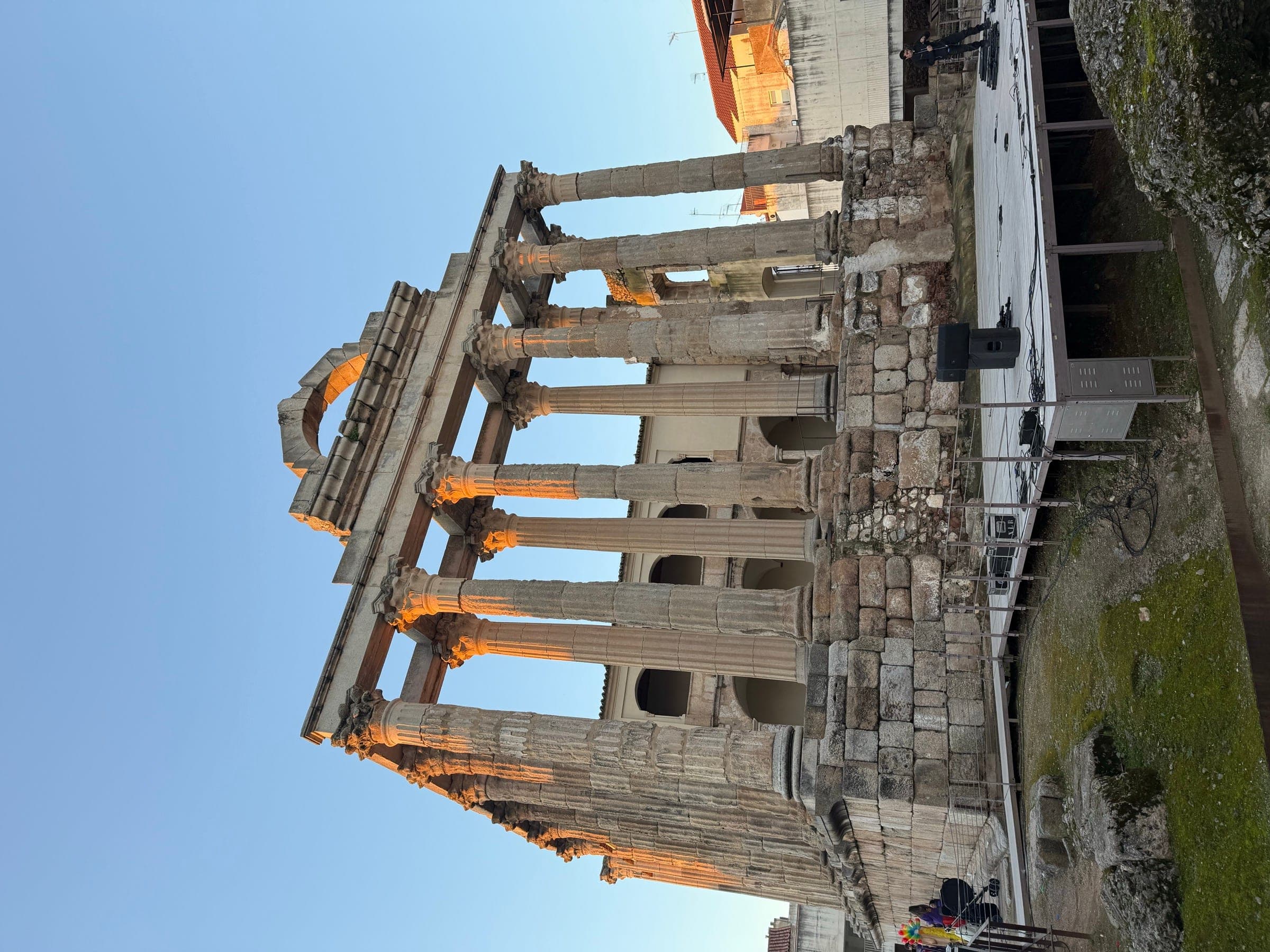 The columns of the Temple of Diana in Mérida against the sky.